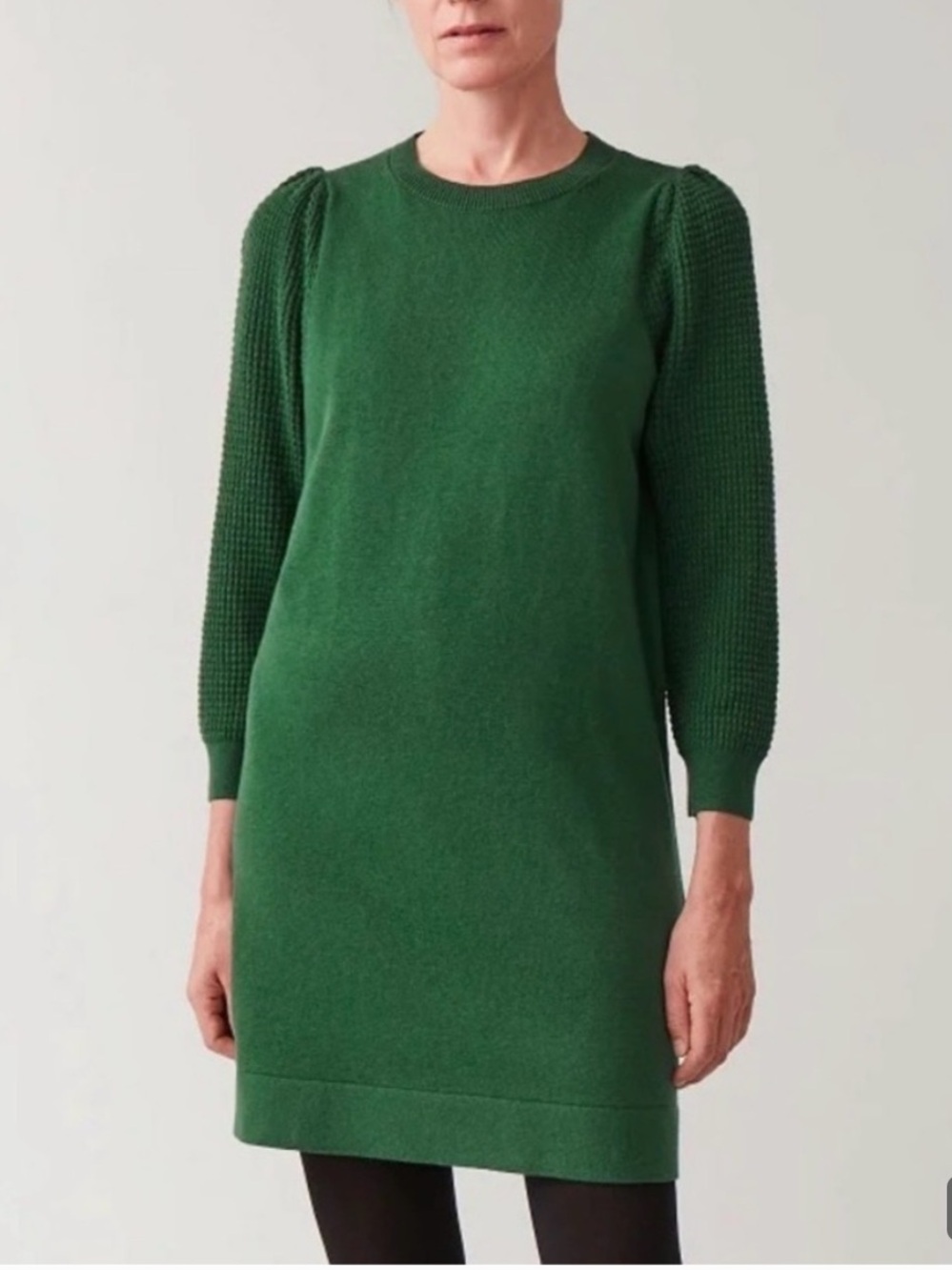 COS Sweater Dress XS Forest Green Cotton Wool Knit Long Puff Sleeves Raglan Cozy